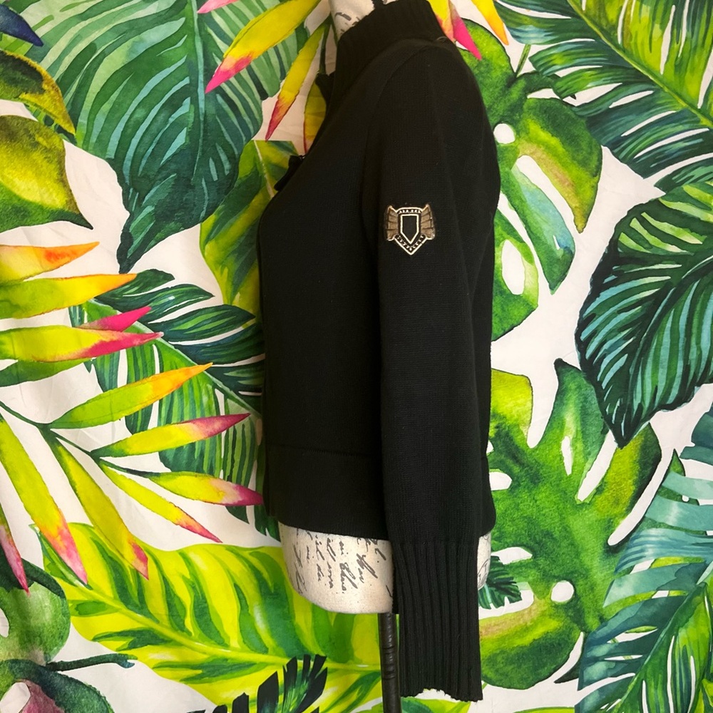 AVO SP Black Arm Patch Worn Casual Full Zip Fall Winter Spring Cardigan Sweater